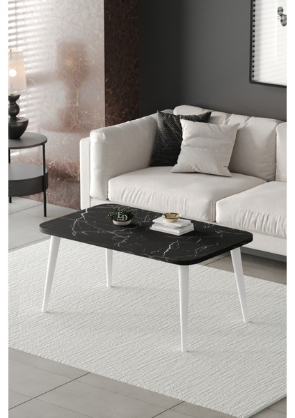 Orta Sehpa Metal Ayaklı , Roma Orta Sehpa , Beyaz Metal - Siyah Mermer Tabla
