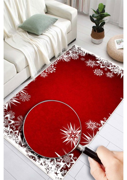 Kar Taneli Yılbaşı Temalı Dijital Baskılı Yıkanabilir Kaymaz Kırmızı Halı modelleri