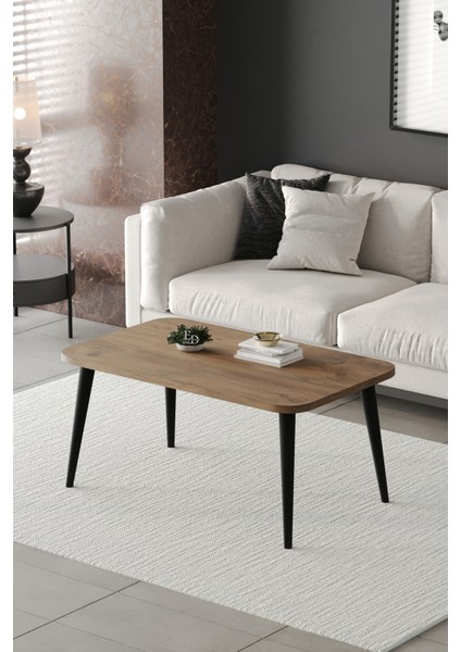 Orta Sehpa Metal Ayaklı , Roma Orta Sehpa , Siyah Metal - Atlantik Çam Tabla