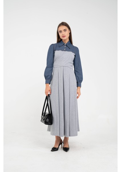 Denim Detaylı Uzun Elbise K1721
