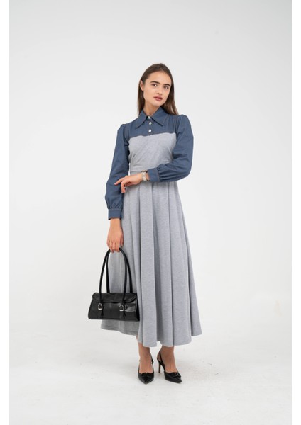 Denim Detaylı Uzun Elbise K1721 fiyatları