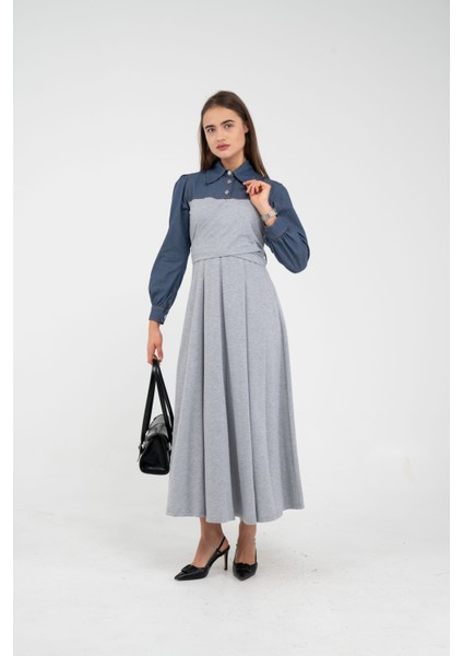 Denim Detaylı Uzun Elbise K1721 modelleri