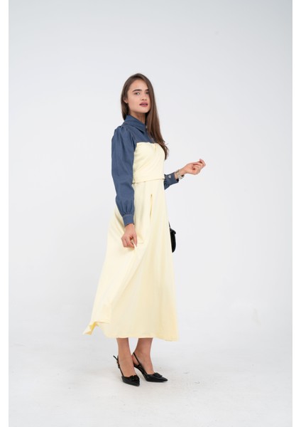 Denim Detaylı Uzun Elbise K1721 modelleri