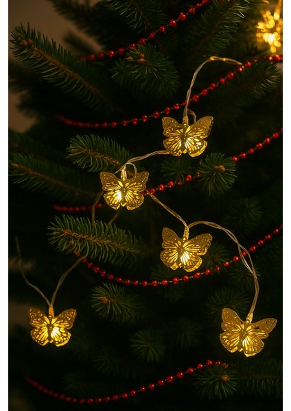 Altın Kelebek Pilli LED Işık – 10'lu Yılbaşı Dekor Şerit Aydınlatma Modeli