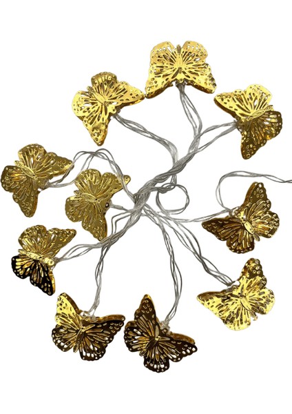 Altın Kelebek Pilli LED Işık – 10'lu Yılbaşı Dekor Şerit Aydınlatma Modeli