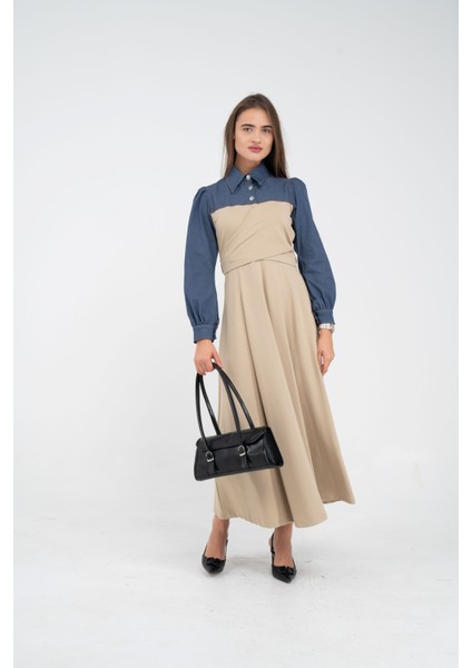 Denim Detaylı Uzun Elbise K1721