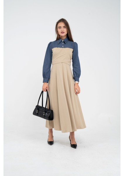 Denim Detaylı Uzun Elbise K1721 fiyatları