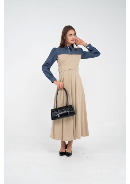 Denim Detaylı Uzun Elbise K1721 indirimleri