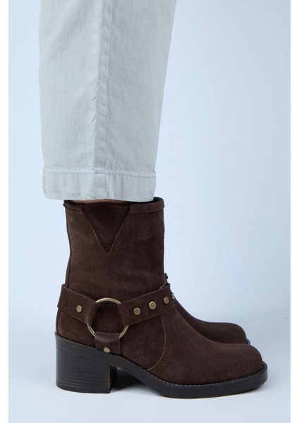 (Lukka) Kadın Hakiki Deri Biker Troklu Kahve Bot