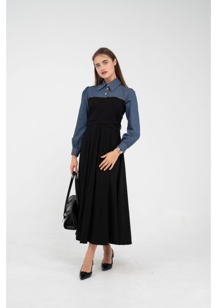 Denim Detaylı Uzun Elbise K1721