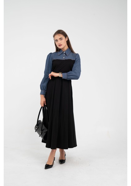 Denim Detaylı Uzun Elbise K1721 modelleri