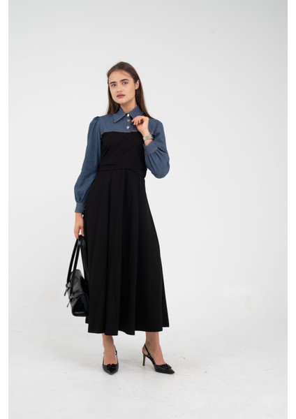 Denim Detaylı Uzun Elbise K1721 fırsatları