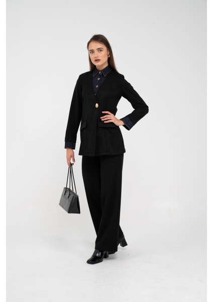 Süet Dokulu Tek Düğmeli Modern Kadın Takım 8098