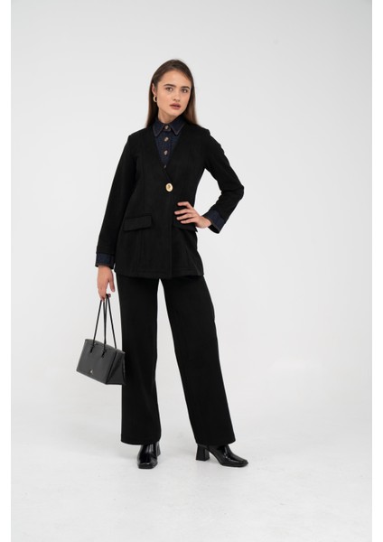 Süet Dokulu Tek Düğmeli Modern Kadın Takım 8098 fiyatları