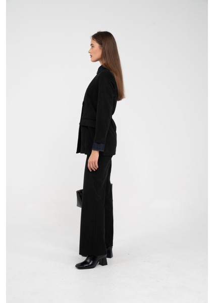 Süet Dokulu Tek Düğmeli Modern Kadın Takım 8098 fırsatları