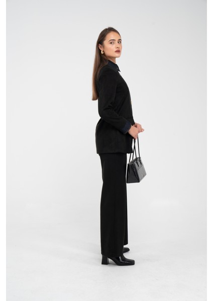 Süet Dokulu Tek Düğmeli Modern Kadın Takım 8098 indirimleri