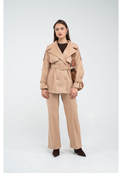 Kuşaklı Çift Düğmeli Süet Dokulu Kadın Takım 1761