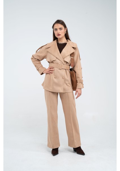 Kuşaklı Çift Düğmeli Süet Dokulu Kadın Takım 1761