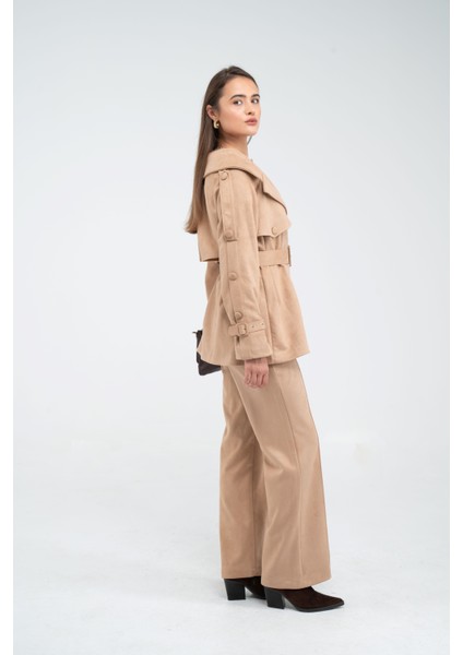 Kuşaklı Çift Düğmeli Süet Dokulu Kadın Takım 1761 indirimleri