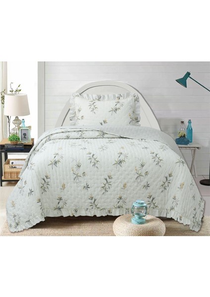 Flowers Serisi Çift Taraflı Kapitone Yatak Örtüsü Seti | Fırfırlı Çiçek Desenli Bahar Temalı (6 Farklı Desen/renk)