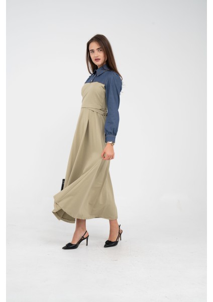 Denim Detaylı Uzun Elbise K1721 fiyatları