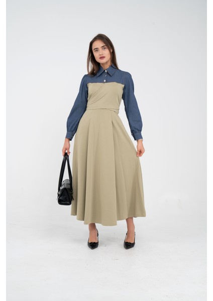 Denim Detaylı Uzun Elbise K1721 fırsatları