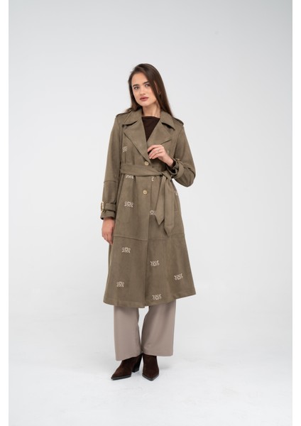 Süet Dokulu Kuşaklı Uzun Kadın Trençkot 8088