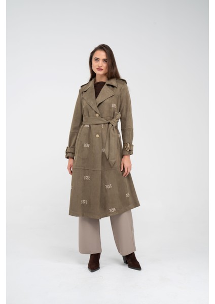 Süet Dokulu Kuşaklı Uzun Kadın Trençkot 8088 fiyatları