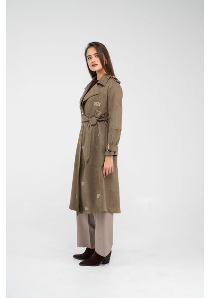 Süet Dokulu Kuşaklı Uzun Kadın Trençkot 8088 modelleri