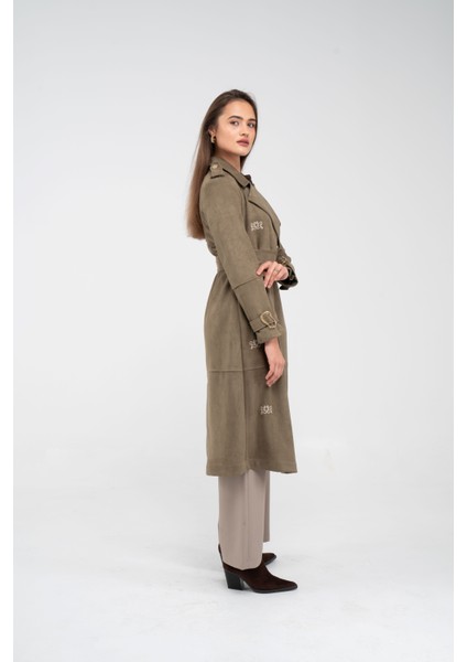 Süet Dokulu Kuşaklı Uzun Kadın Trençkot 8088 fırsatları