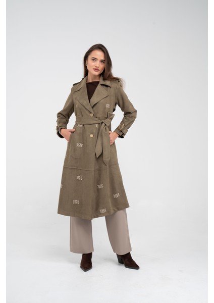 Süet Dokulu Kuşaklı Uzun Kadın Trençkot 8088 indirimleri