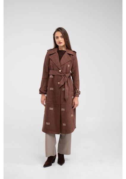 Süet Dokulu Kuşaklı Uzun Kadın Trençkot 8088
