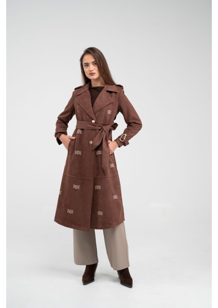 Süet Dokulu Kuşaklı Uzun Kadın Trençkot 8088 fiyatları