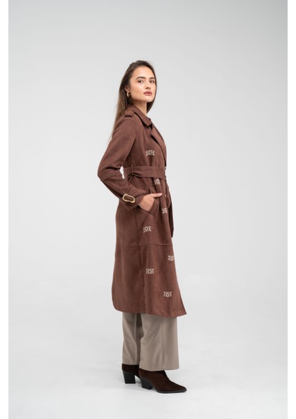 Süet Dokulu Kuşaklı Uzun Kadın Trençkot 8088 fırsatları