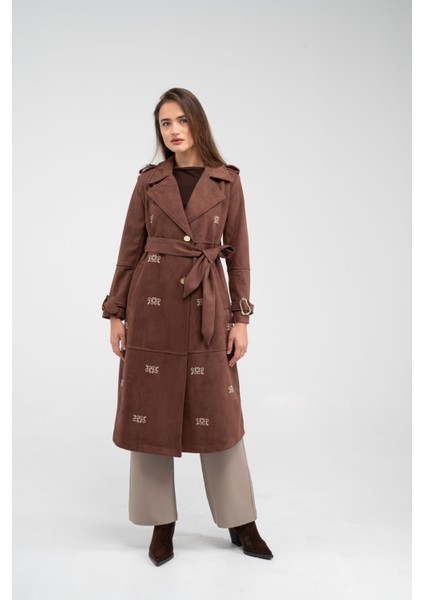 Süet Dokulu Kuşaklı Uzun Kadın Trençkot 8088 indirimleri