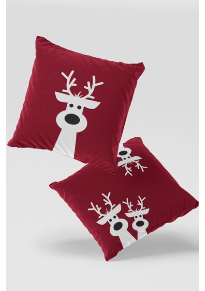 Kırmızı Beyaz Sevimli Geyikler Yılbaşı Kırlent Kılıfı Seti 2'li