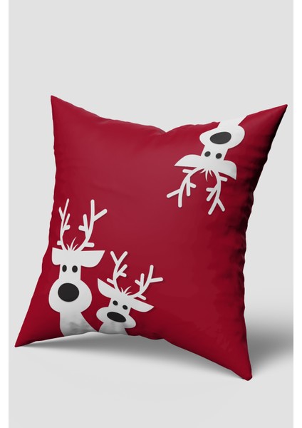 Kırmızı Beyaz Sevimli Geyikler Yılbaşı Kırlent Kılıfı Seti 2'li modelleri