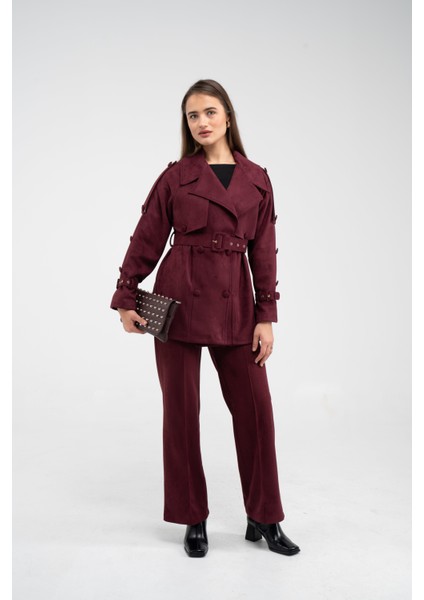 Kuşaklı Çift Düğmeli Süet Dokulu Kadın Takım 1761