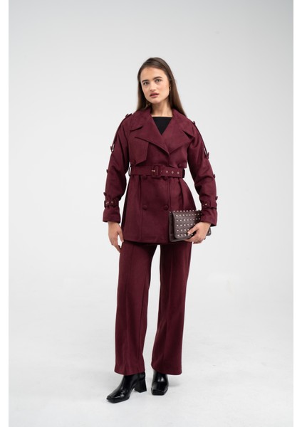 Kuşaklı Çift Düğmeli Süet Dokulu Kadın Takım 1761 modelleri