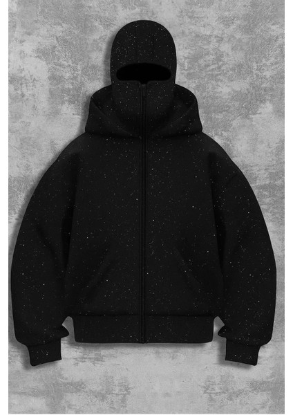 İsra Ayyıldız Siyah Taşlı Parıltılı Kar Maskeli Unisex Kapüşonlu Hırka