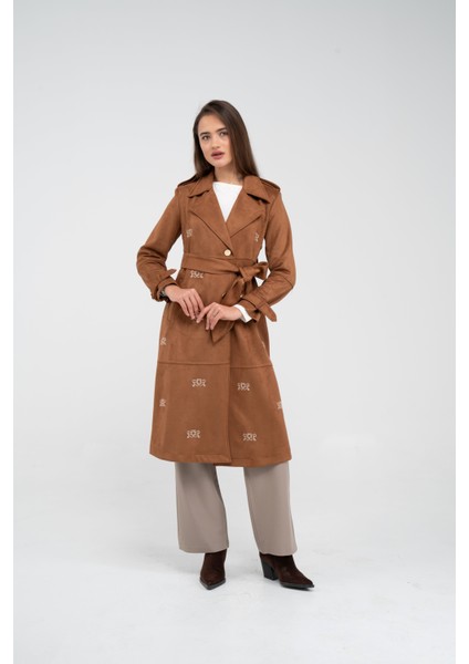 Süet Dokulu Kuşaklı Uzun Kadın Trençkot 8088