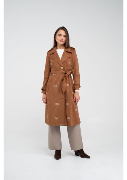 Süet Dokulu Kuşaklı Uzun Kadın Trençkot 8088 fiyatları