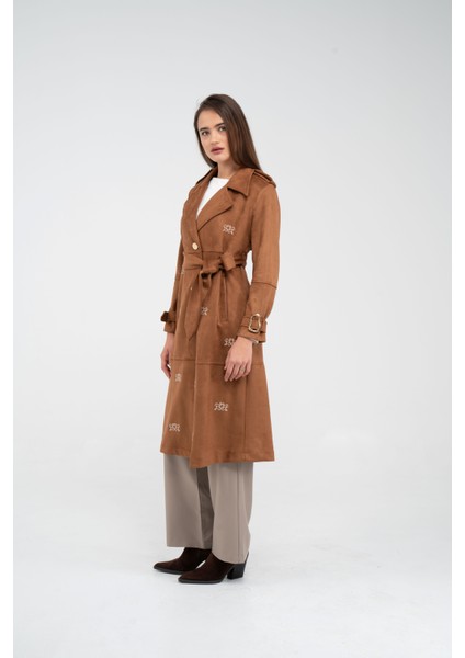 Süet Dokulu Kuşaklı Uzun Kadın Trençkot 8088 modelleri