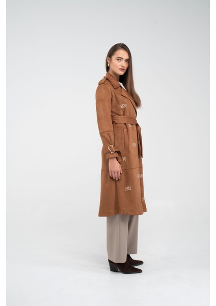 Süet Dokulu Kuşaklı Uzun Kadın Trençkot 8088 fırsatları