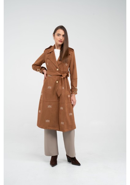 Süet Dokulu Kuşaklı Uzun Kadın Trençkot 8088 indirimleri