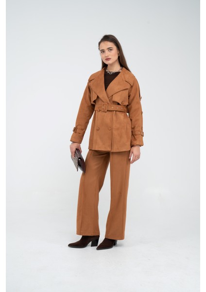 Kuşaklı Çift Düğmeli Süet Dokulu Kadın Takım 1761 fiyatları