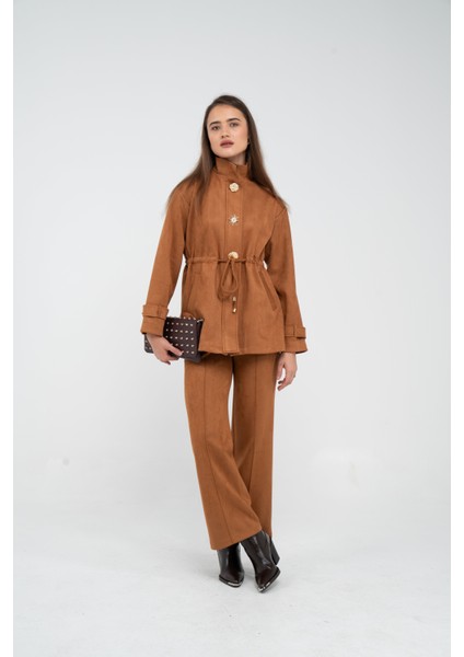 Süet Dokulu Altın Düğmeli Kuşaklı Kadın Takım 1757