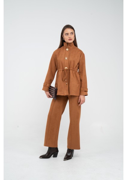 Süet Dokulu Altın Düğmeli Kuşaklı Kadın Takım 1757 modelleri