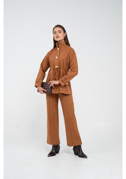 Süet Dokulu Altın Düğmeli Kuşaklı Kadın Takım 1757 fırsatları
