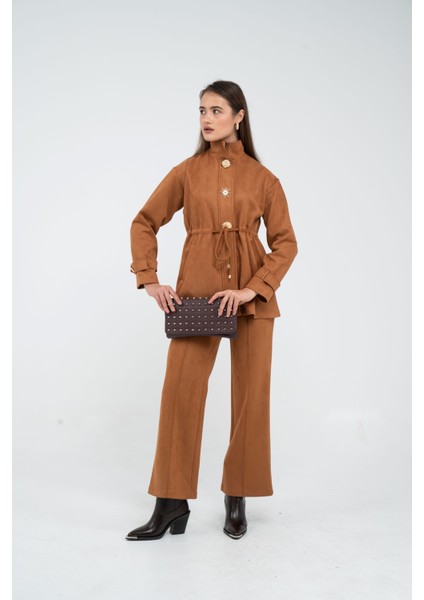 Süet Dokulu Altın Düğmeli Kuşaklı Kadın Takım 1757 indirimleri